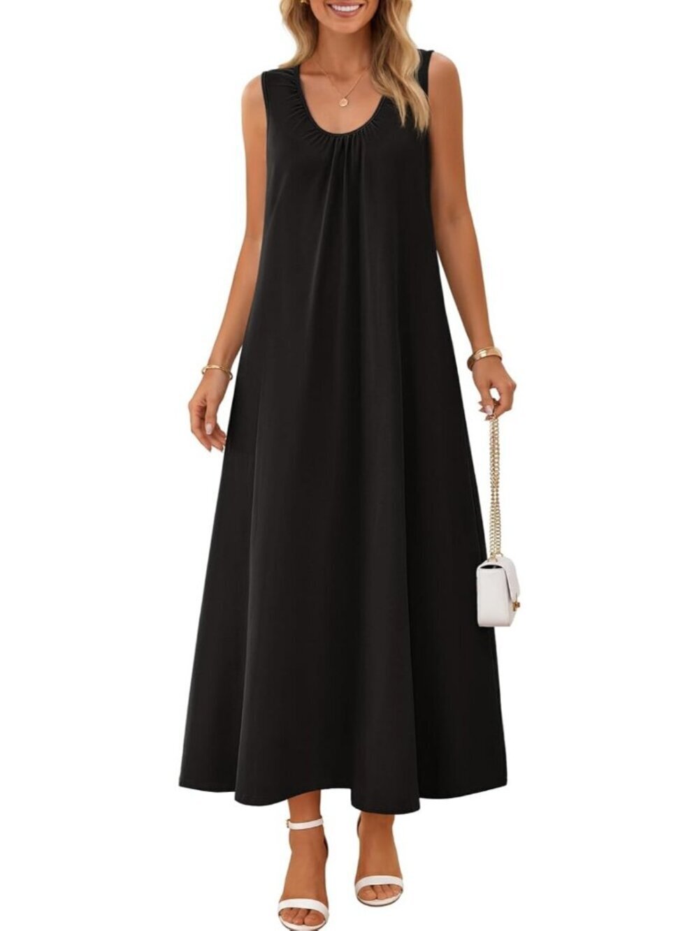 Women's Black Sundresses Ruch Beach Summer Sleeveless Loose Tank Maxi Dress